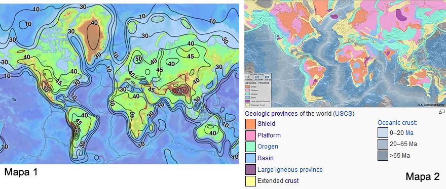 Mapas del mundo de espesor de corteza y edad de rocas